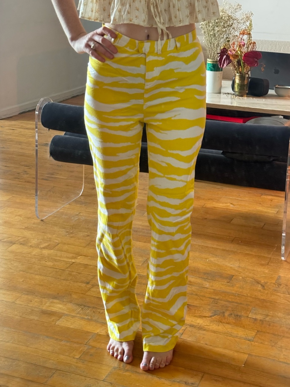 Versace Yellow and White Zebra-Print Boot Cut Pants
